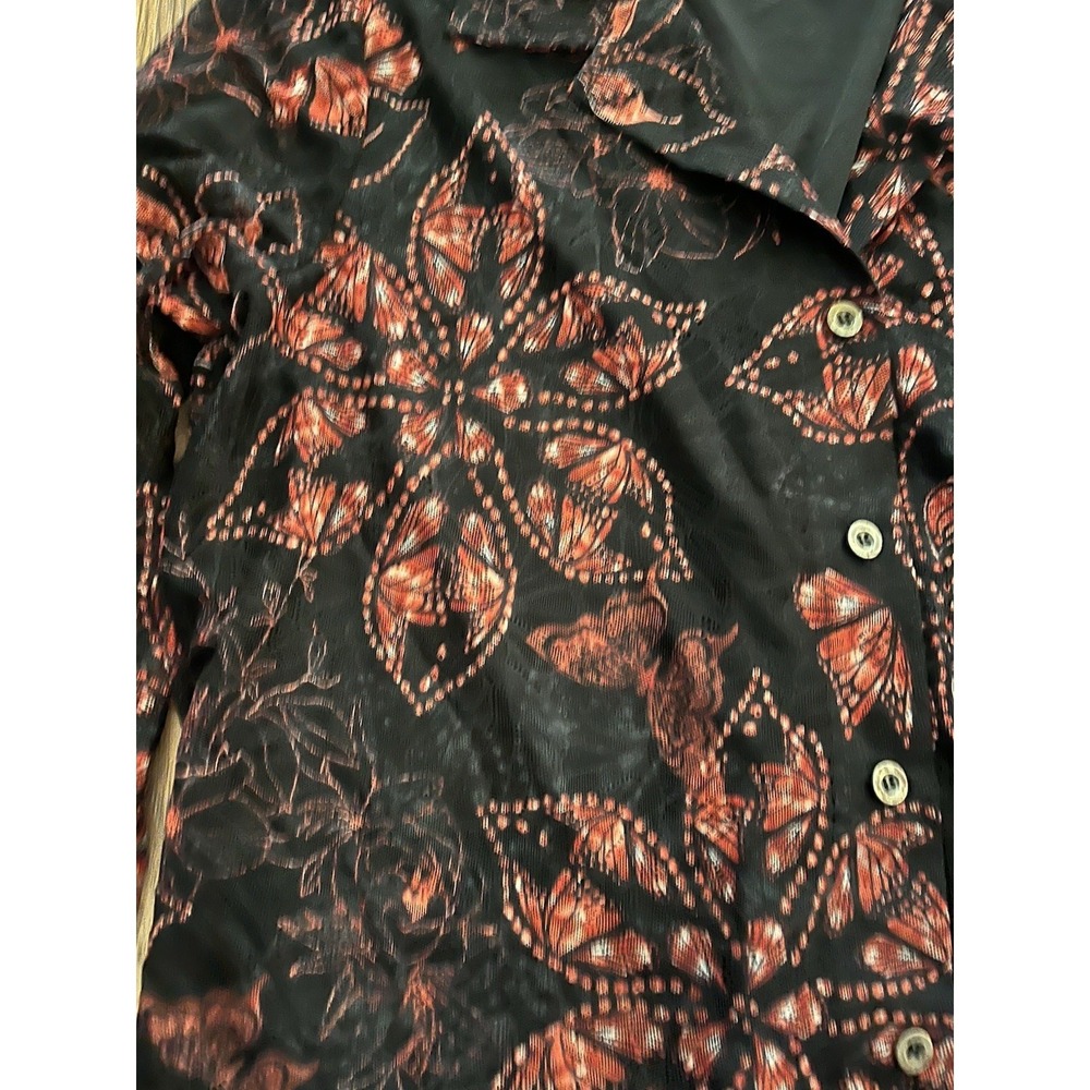 Jane & Delancey Shirt Top Mesh Black Delicate Button Up Floral Butterfly Medium - Picture 4 of 9